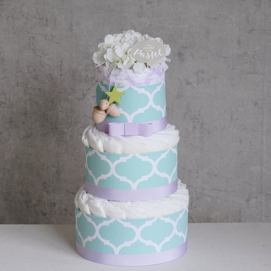 【おくるみ&おもちゃ付き】オーガニックダイパーケーキ(おむつケーキ)3段 ミント&ラベンダー