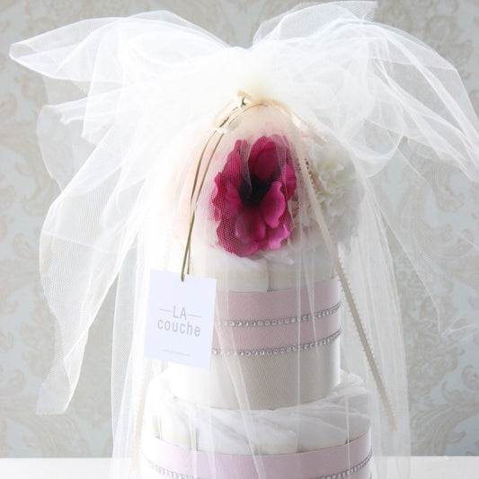 「GRACE No.3」フラワーオーガニックダイパーケーキ(おむつケーキ)ピンク