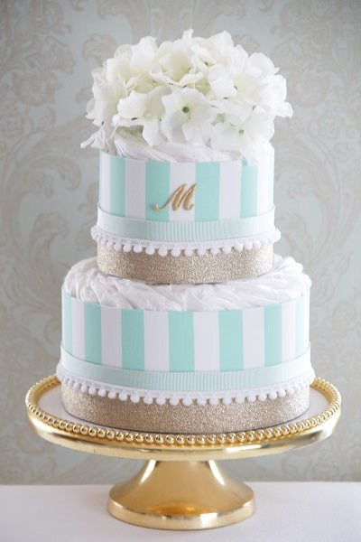 イニシャル入りオーガニックダイパーケーキ おむつケーキ 「TOIRO」(2段/ミント)の写真