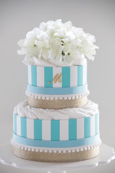 「TOIRO」イニシャル入りオーガニックダイパーケーキ (おむつケーキ)ブルー